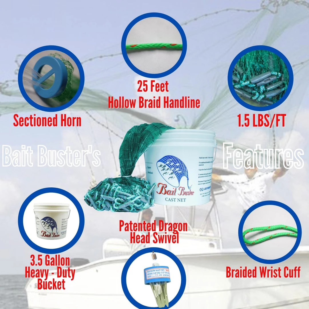 Bait Buster Cast Net - 1-1/4" Sq. Mullet Mesh (1.5lb/ft) 4 Bait Buster Cast Net - 1-1/4" Sq. Mullet Mesh (1.5lb/ft)