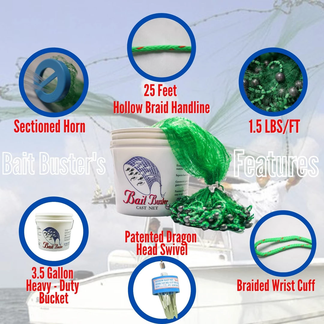Cast Nets Bait Buster Cast Net - 3/8" Sq. Bait Mesh (1.5 Lb/ft) 5 Cast Nets Bait Buster Cast Net - 3/8" Sq. Bait Mesh (1.5 Lb/ft)